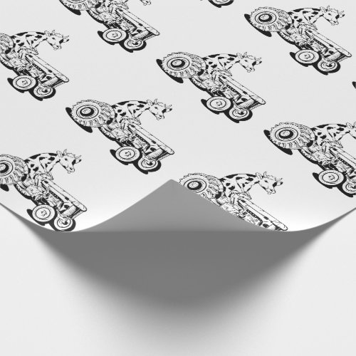 Black and white cow driving a tractor wrapping paper