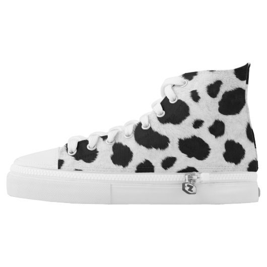 Black and white cow faux fur pattern High-Top sneakers (Left Shoe Outside)