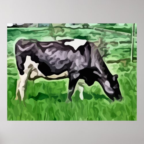 Black and white cow grazing painting poster