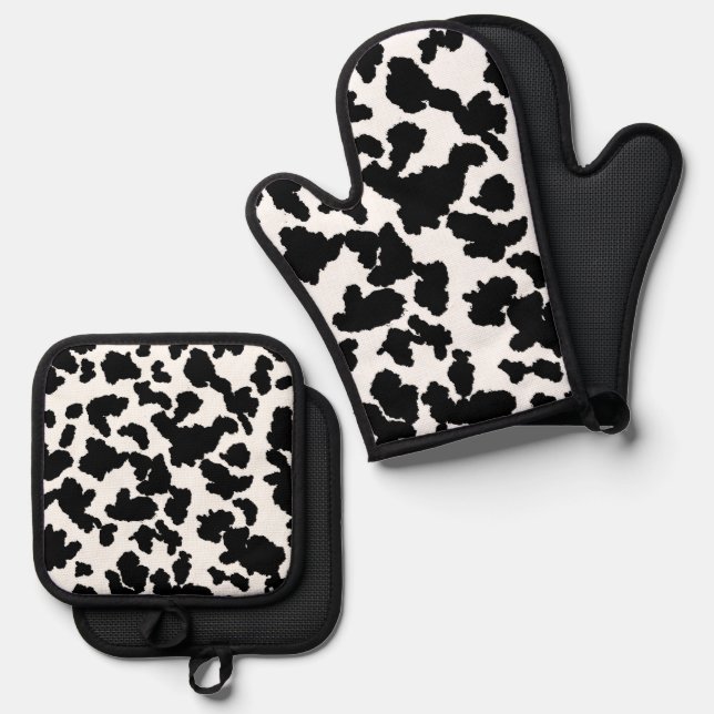 Black And White Cow Hide Fur Pattern Oven Mitt & Pot Holder Set (Front/Back)