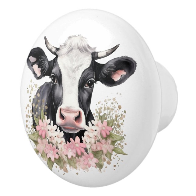 Black and White Cow In Flowers Ceramic Knob (Right)