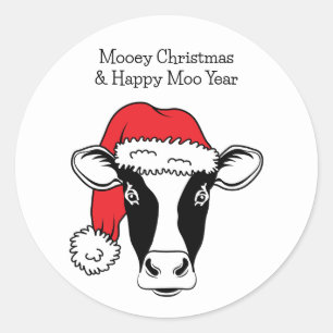 Black and white cow in santa hat funny Christmas Classic Round Sticker