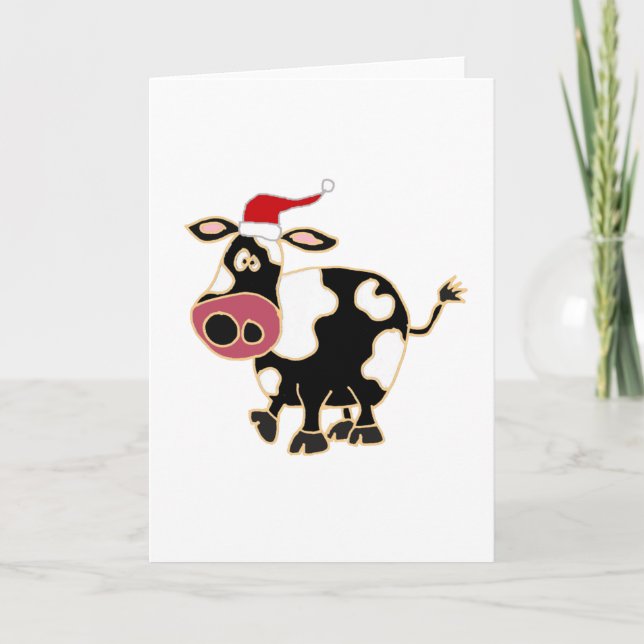 Black and White Cow in Santa Hat Holiday Card (Front)