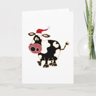 Black and White Cow in Santa Hat Holiday Card