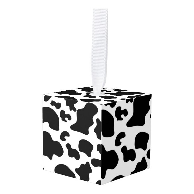 Black and White Cow print Cube Ornament (Front Angled)