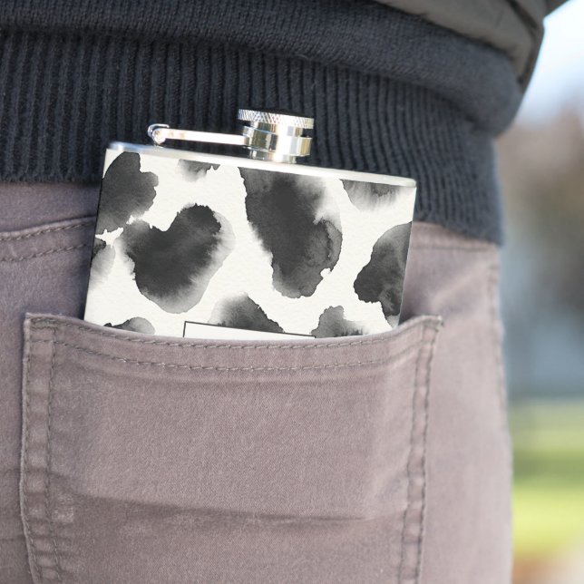 Black and White Cow Print Pattern Flask (In Situ)