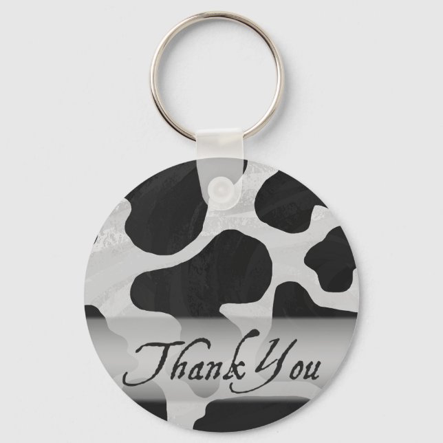 Black and White Cow Print Thank You Keychain (Front)