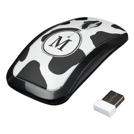 Black and White Cow Print with Custom Monogram Wireless Mouse (Angled)