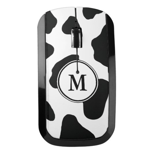 Black and White Cow Print with Custom Monogram Wireless Mouse (Front)