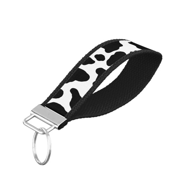 Black and White Cow Print Wrist Keychain (Angled Down)