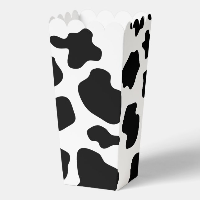 Black and white cow spots custom popcorn favor boxes (Front)