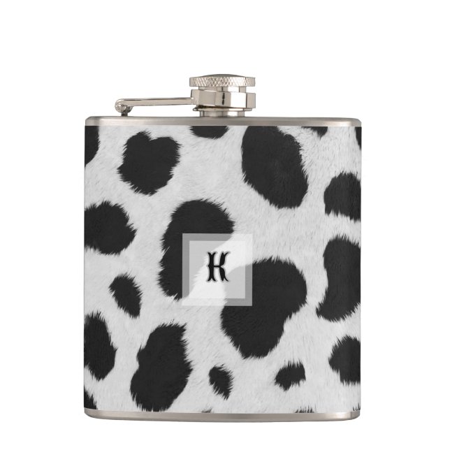 Black and white cow spots pattern faux fur texture flask (Front)