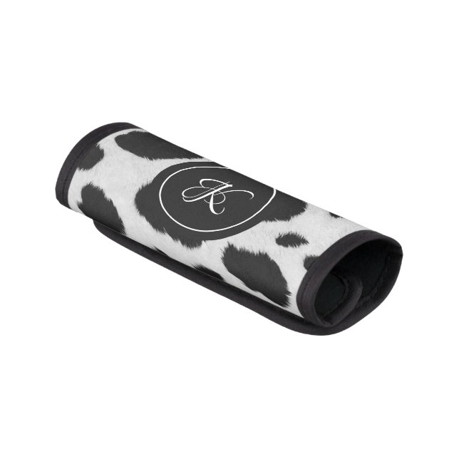 Black and white cow spots pattern luggage handle wrap (Angled)