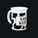 Black and white cow spots personalized ceramic beverage pitcher<br><div class="desc">Black and white cow spots personalized ceramic beverage pitcher. Fun farm animal design with custom text. Handy for drinks,  pancake batter and kitchen utensils.</div>