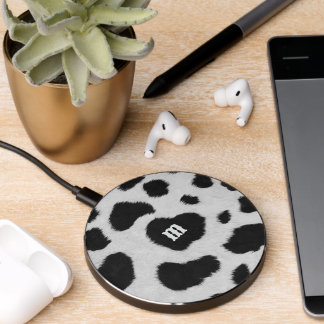 Black and white cowhide pattern fur texture wireless charger 