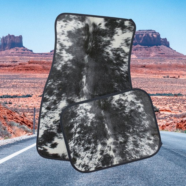 Black and White Cowhide Print Rustic Western Car Floor Mat (black and white faux cowhide leather cowboy cowgirl western style car floor mats)