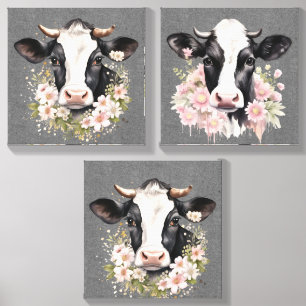 Black and White Cows Pink Floral Wreaths Canvas Photo Tile