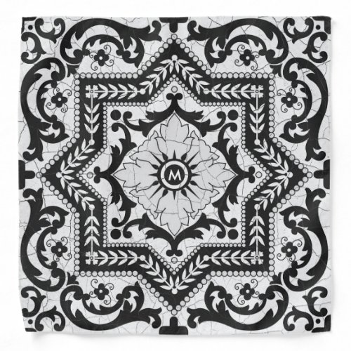 Black and White Cracked Ceramic Style Azulejo Bandana