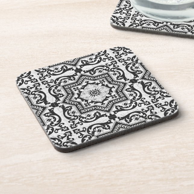 Black and White Cracked Ceramic Style Azulejo Beverage Coaster (Left Side)