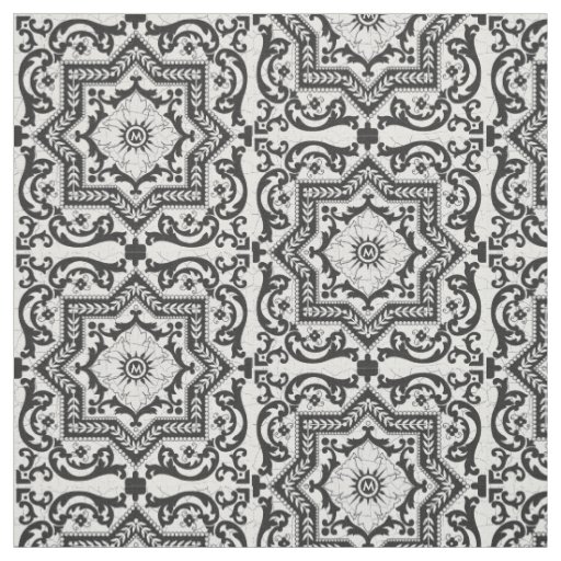Black and White Cracked Ceramic Style Azulejo Fabric