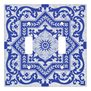 Black and White Cracked Ceramic Style Azulejo Light Switch Cover