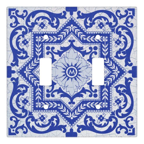 Black and White Cracked Ceramic Style Azulejo Light Switch Cover