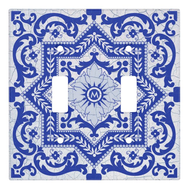 Black and White Cracked Ceramic Style Azulejo Light Switch Cover (Front)