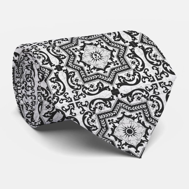 Black and White Cracked Ceramic Style Azulejo Neck Tie (Rolled)