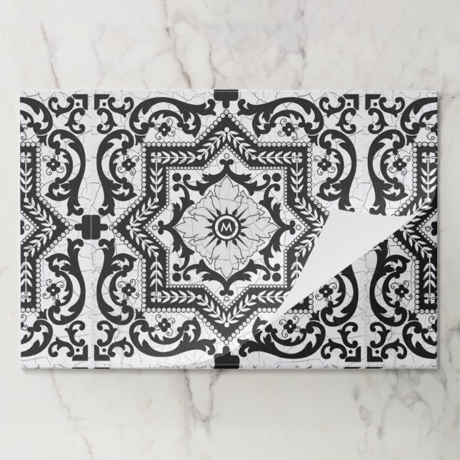 Black and White Cracked Ceramic Style Azulejo Paper Pad (Folded)