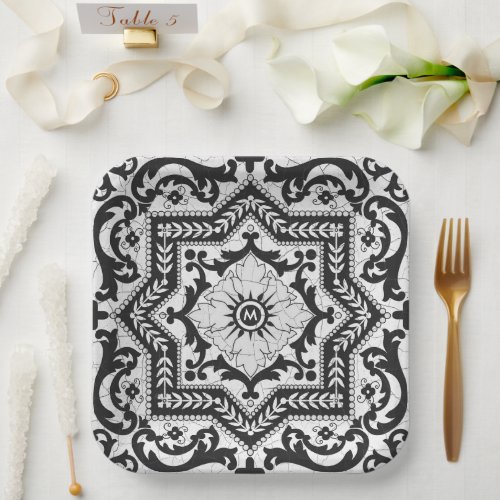 Black and White Cracked Ceramic Style Azulejo Paper Plates