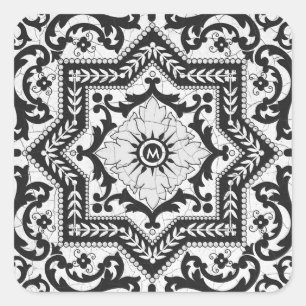 Black and White Cracked Ceramic Style Azulejo Square Sticker