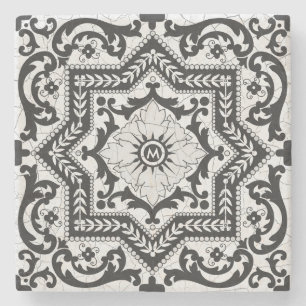 Black and White Cracked Ceramic Style Azulejo Stone Coaster