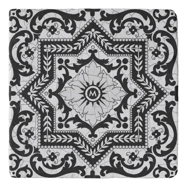 Black and White Cracked Ceramic Style Azulejo Trivet (Front)