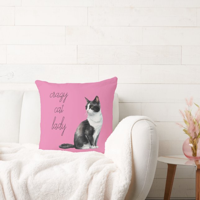 Black and White Crazy Cat Lady Throw Pillow (Couch)