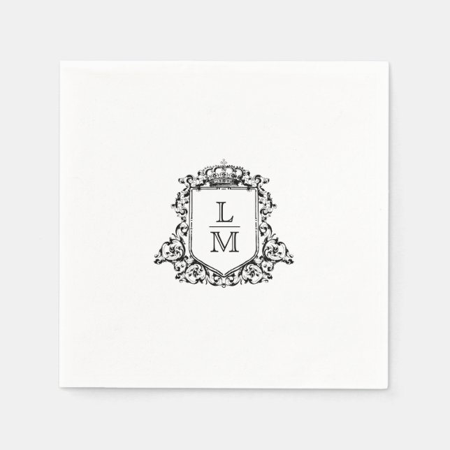 Black and White Crest Monogram Custom Wedding Napkins (Front)