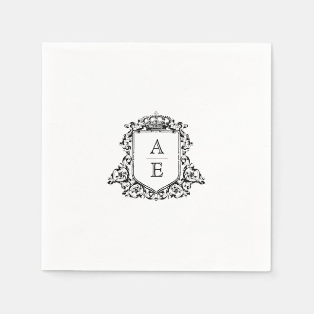 Black and White Crest Monogram Custom Wedding Napkins (Front)