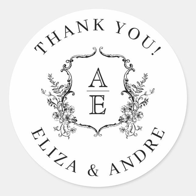 Black and White Crest Monogram Wedding  Classic Round Sticker (Front)
