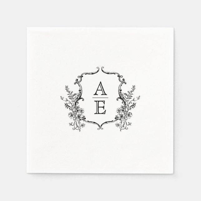Black and White Crest Monogram Wedding  Napkins (Front)