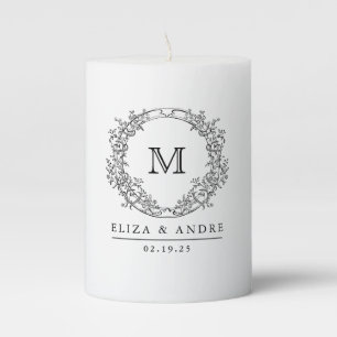 Black and White Crest Monogram Wedding Pillar Candle