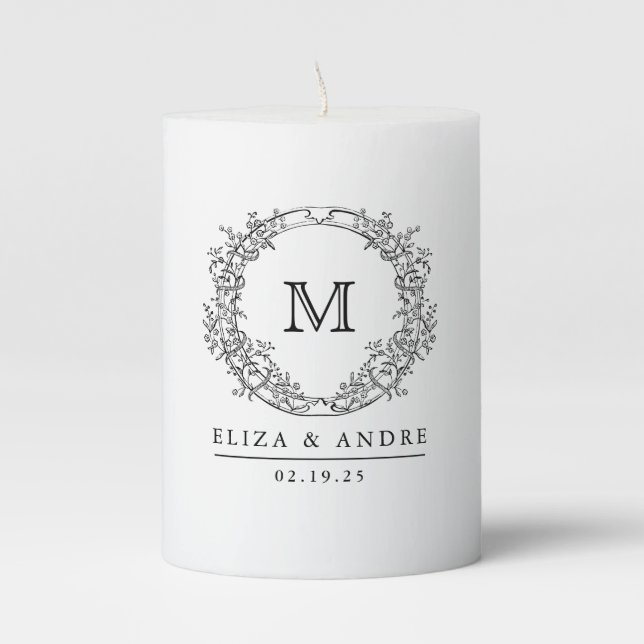 Black and White Crest Monogram Wedding Pillar Candle (Front)