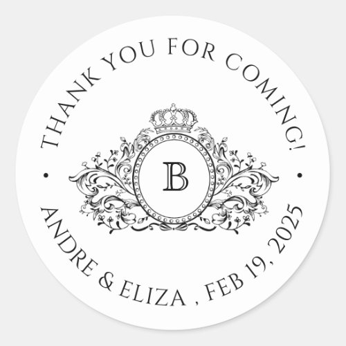 Black and White Crest Monogram Wedding Thank You  Classic Round Sticker