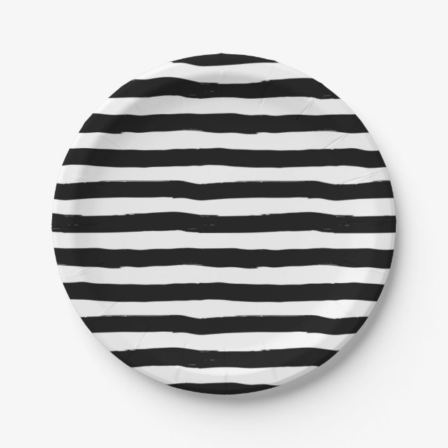 Black and White Crooked Stripe Pattern Paper Plates (Front)