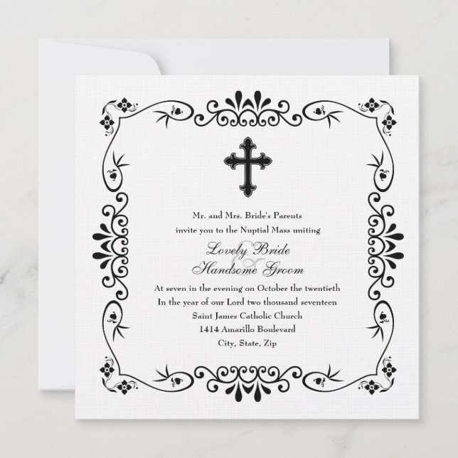 Black and White Cross Catholic Wedding Invitation (Front)