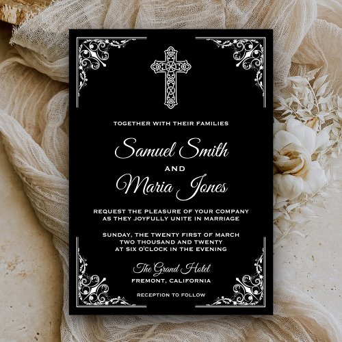 Black and White Cross Christian Wedding Invitation