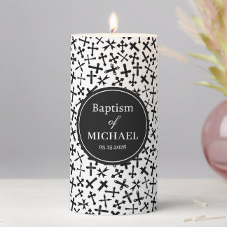 Black and White Cross Pattern Catholic Baptism Pillar Candle