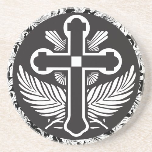 Black And White Cross Religious Symbol Sandstone Coaster