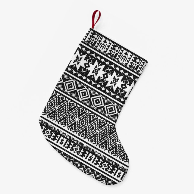 Black and White cross-stitch geometric pattern Small Christmas Stocking (Front (Hanging))