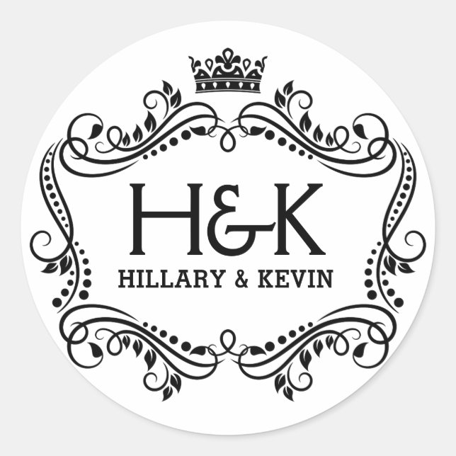 Black and white crown & floral frame classic round sticker (Front)