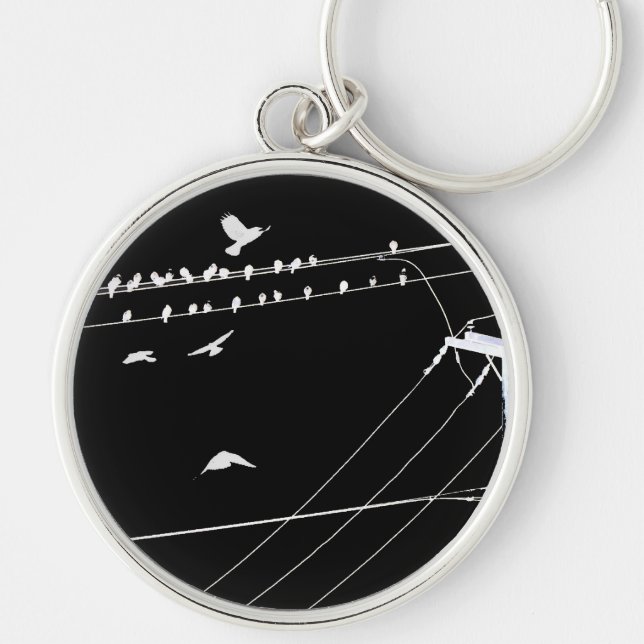 Black And White Crows And Wires Keychain (Front)