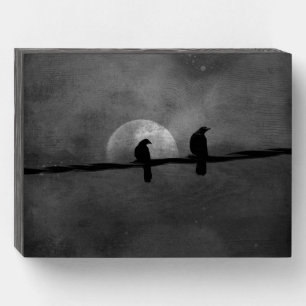 Black And White Crows On A Wire Wooden Box Sign